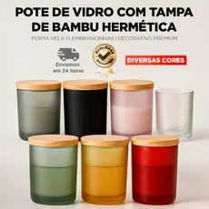 Pote De Vidro CORES com Tampa De Bambu Hermética – Porta Velas | Lembrancinhas | Decorativo Premium