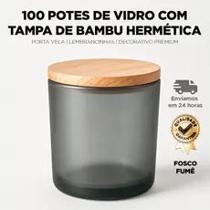 Kit 100 Potes de Vidro Fosco Fumê com Tampa de Bambu Hermética – Porta Vela | Lembrancinhas | Decorativo Premium