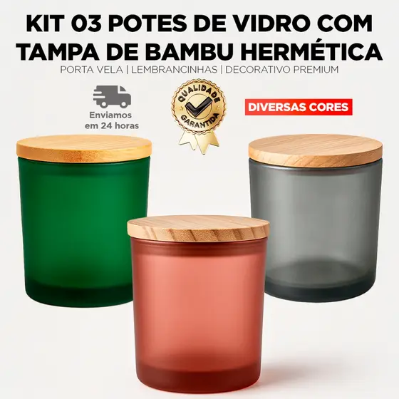 Kit 3 Potes de Vidro Com Tampa de Bambu Hermética – Porta Vela | Lembrancinhas | Decorativo Premium