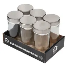 Kit Porta Temperos com 6 Potes Vidro Tampa Inox 80 ML