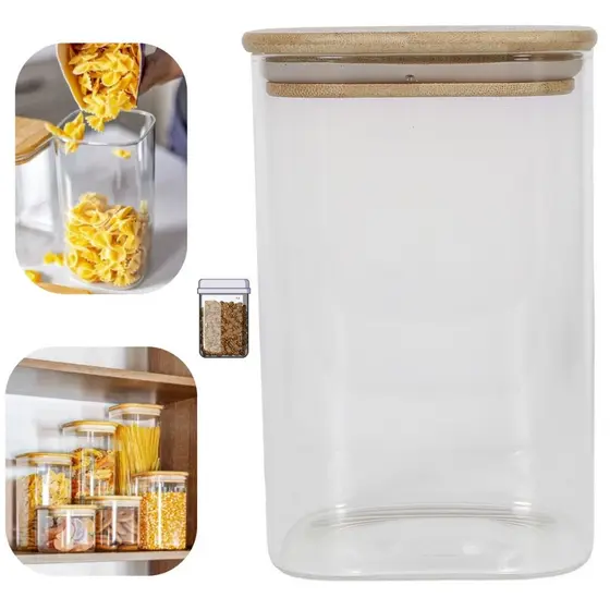 Pote Hermético Quadrado 1,1L Vidro Borossilicato e Bambu