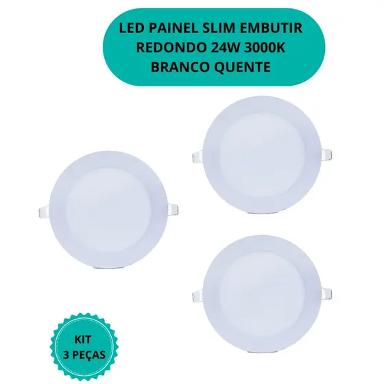 LED PAINEL SLIM EMBUTIR REDONDO 24W 3000K BRANCO QUENTE KIT 3