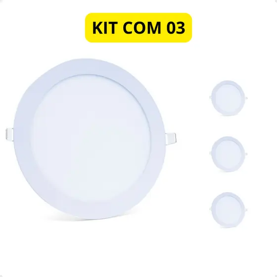 Kit Com 03 Painel Led Slim Moderno Embutir Redondo 12W 6500K Branco Frio