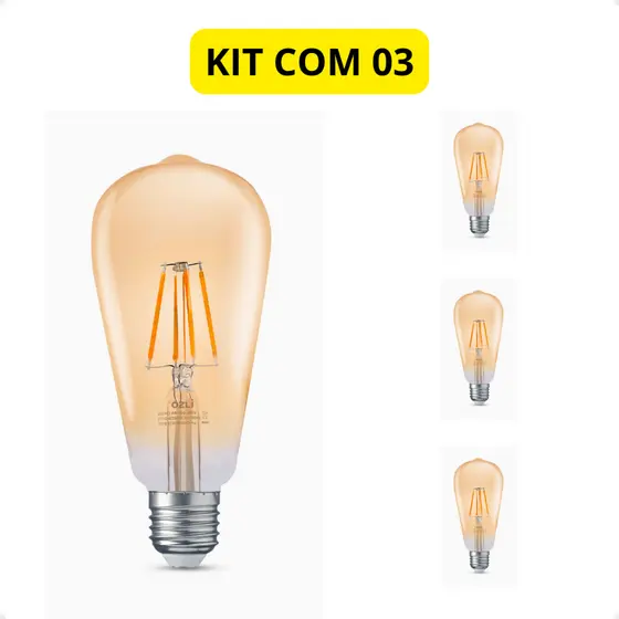kit 3 lâmpadas led retrô filamento st64 4w luz âmbar 2300k e27 bivolt