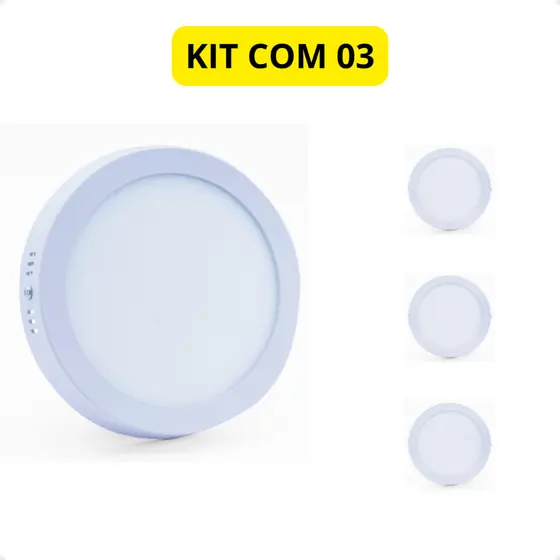 Kit com 05 Painel Led Sobrepor Redondo 12W 6500K Branco Frio Luz Forte Moderna Teto