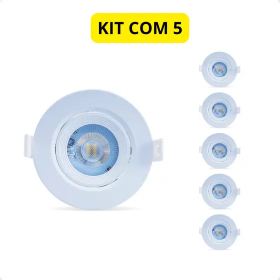 Kit 05 Spot Led Direcionável Downlight Embutir Redondo 5W 6500K Branco frio