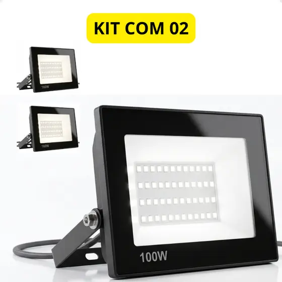 Kit 2 Holofotes LED 100W IP65 Jardim Garagem Bivolt