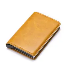 Mini Slim Alumínio Auto POP Up Carteira Para Unissex Porta Cartão De Couro PU Rfid Castanho avermelhado