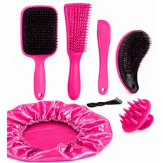 Combo 6 Itens Escovas de Cabelo Mágica Polvo Raquete Anti Frizz Massageador de Silicone e Touca de Cetim Presente