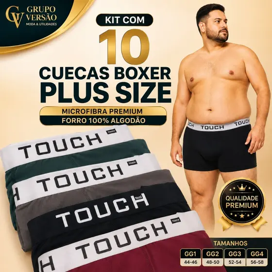 Kit 10 Cuecas Boxer Masculina Plus Size Microfibra Confortável GG1 GG2 GG3 GG4 Touch