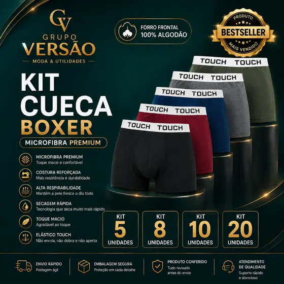 Kit 5 8 10 20 Cuecas Boxer Masculinas Microfibra com Forro 100% Algodão Elástico Touch P M G GG