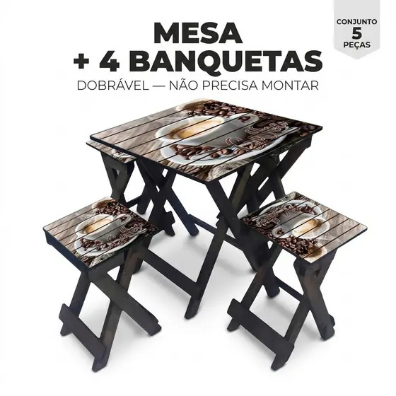 Conjunto Quadrado de Madeira Pinus  Mesa e Bancos Praticos para Varanda ou Jardim