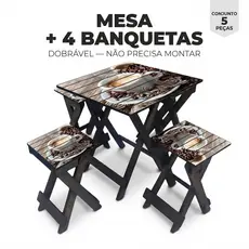 Conjunto Quadrado de Madeira Pinus  Mesa e Bancos Praticos para Varanda ou Jardim