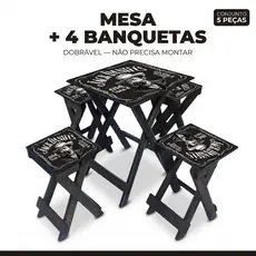 Mesa Rústica com 4 Bancos Dobráveis pratico para Lazer, Varanda e Ambiente Gourmet