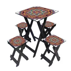 Conjunto Mesa e Bancos Dobráveis Quadrados  Madeira Pinus Estilo Varanda Gourmet
