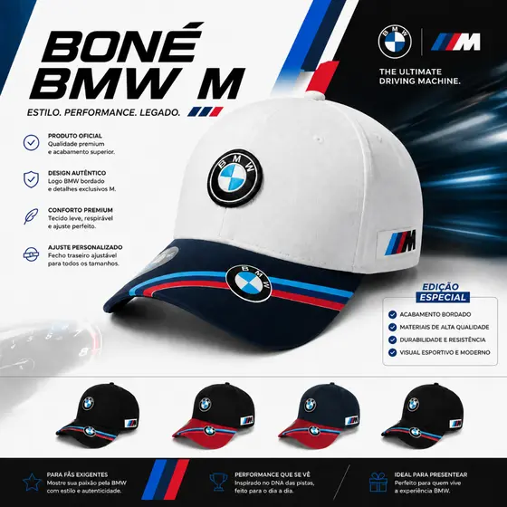 Boné BMW M Esporte Aba Curva Ajustável Unissex Esportivo Bordado 4 Cores
