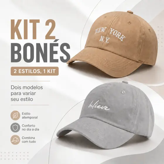 Kit 2 Bonés Aba Curva Masculino Feminino Bordado Frontal Ajustável Dad Hat