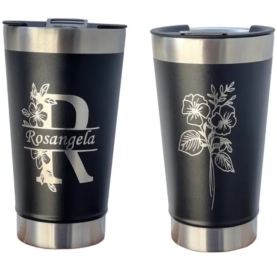 Copo Caneca Inox Personalizado Com Letras Florais Nome Gravação no Abridor Presente Dia das Mães