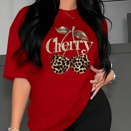 Camiseta Cereja Onça Casual, Despojado, Plus Size Tendência Verão, Lançamento Modal 100% Algodão