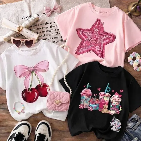 Kit 3 Camisetas Infantis Menina Moda Blogueira Tendência Criança Premium Tecido 100% Algodão