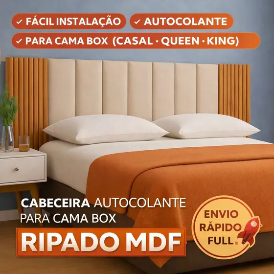 Cabeceira Modular Estofada com Painel Ripado MDF 45x11cm Cama Box Casal Queen King