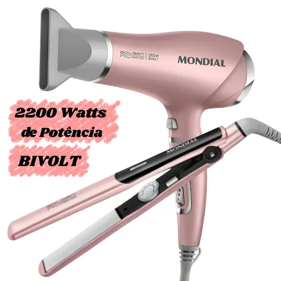 Kit Secador + Chapinha Golden Rose Line Mondial BIVOLT Com TOURMALINE ION