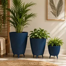Kit Combo 3 Vasos Canelados com Pés Coluna+Bojo+Cachepot Decorativo para Plantas Jardim Sala Vem Ver Moda Decor Ltda
