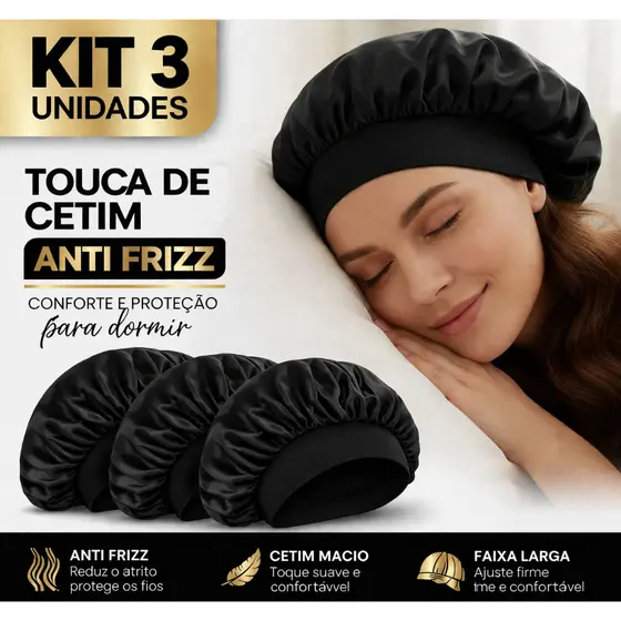 Kit 3 Touca de Cetim com Faixa Larga Elástica Anti Frizz para Dormir Protege o Cabelo