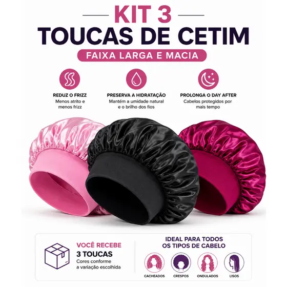Kit 3 Toucas de Cetim com Faixa Larga Elástica Anti Frizz Para Dormir Protege Cabelo Cacheado Crespo Ondulado