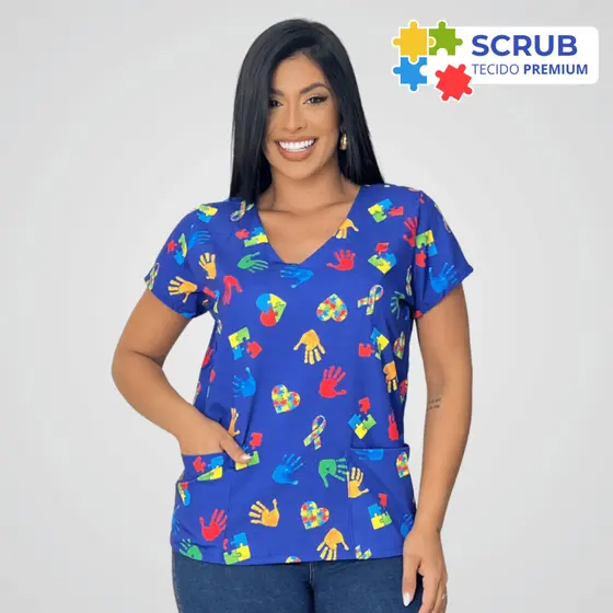 Scrub Feminina Estampada Coração Quebra-Cabeça Autismo Enfermagem Estilo Conforto Profissional