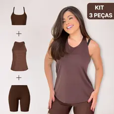 Kit 3 peças Top + Regata Dry Fit + Short Com Bolsos Fitness Feminino Treino Academia Cross Fit