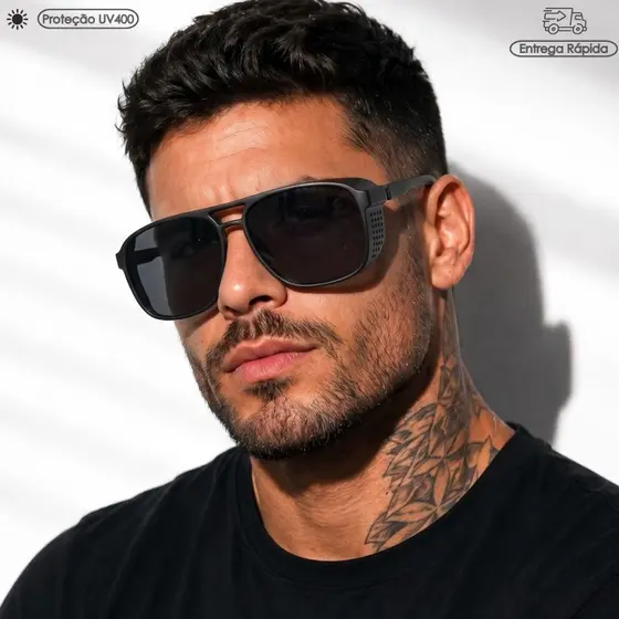Óculos de Sol Masculino Steampunk Com Proteção Na Lateral Proteção Uv400 Doha