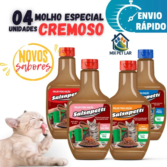 KIT 4 UNIDADES MOLHO ESPECIAL PARA RAÇÃO GATO 250G CREMOSO SALSAPETTI