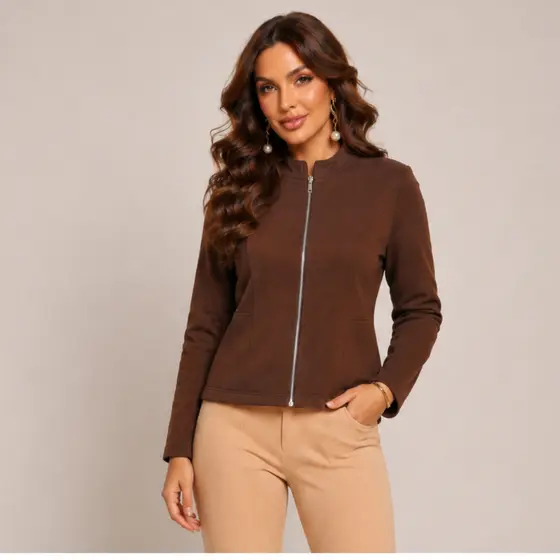 Jaqueta Casaco Feminino Lã Batida Zíper Elegante Inverno Social