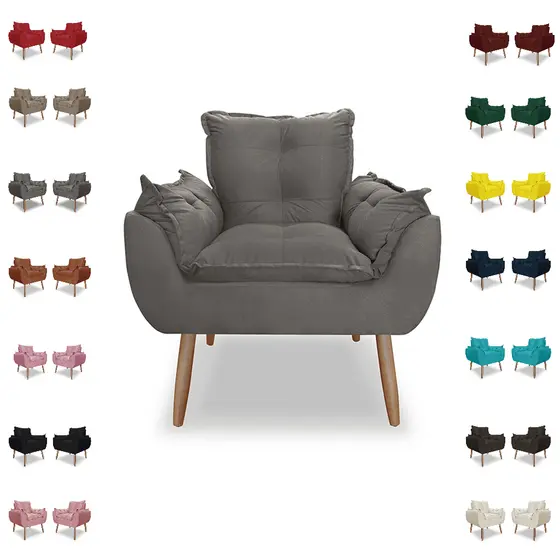Poltrona Cinza Cadeira Decorativa Pés Palito Suede Premium - Trida Moveis