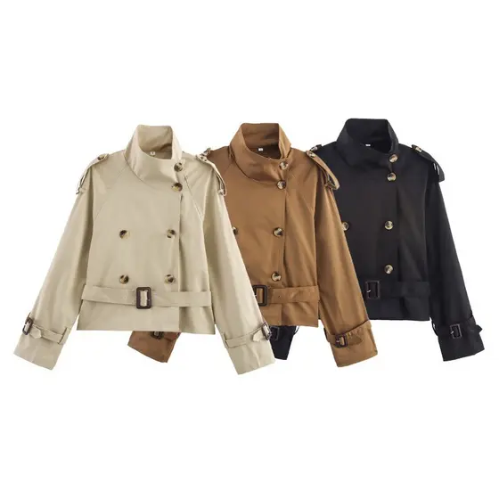 Trench Coat Casual De Comprimento Curto Com Lapelas E Cinto 202605