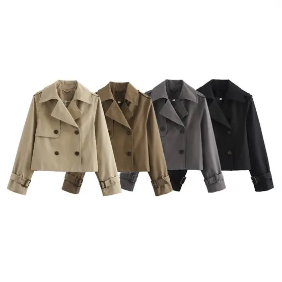 Trench Coat Casual Recortado De Manga Comprida Com Trespassado 202605