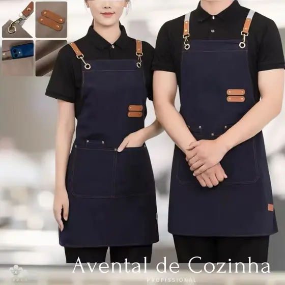 Avental de Cozinha Ajustável Com Botões Com Bolso Caseiro ou Profissional