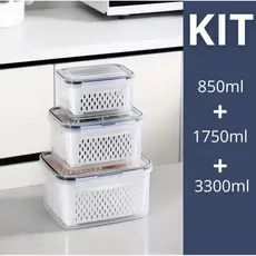 Kit 3 Organizadores Potes Hermetico 850ML/1750ML/3300ML Alimentos E Vegetais Para Geladeira c