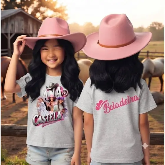 Camiseta Infantil Feminina Bota Chapeú Moda Cowntry Boiadeira Tecido 100% Algodão