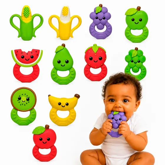 Mordedor Bebê Frutas  Super Macio Estimulante Alívio Gengiva Brinquedo 100% Natural