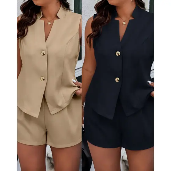 Conjunto Roupa Plus Size Colete e Short XG G1 G2 G3 Alfaiataria com botões bolso modelagem premium.