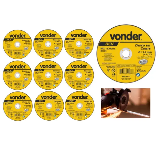10 PEÇAS VONDER Disco de Corte 115mm X 1mm X 22,23mm