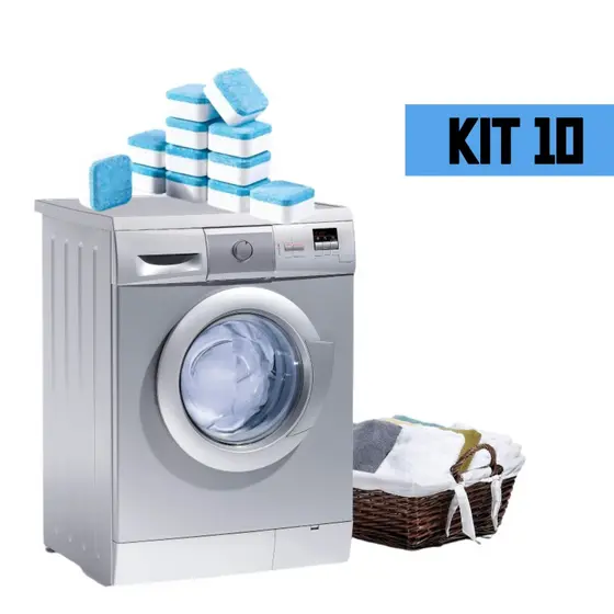 KIT 10 Pastilhas para Limpeza de Máquinas de Lavar Roupas Efervescentes Multifuncional