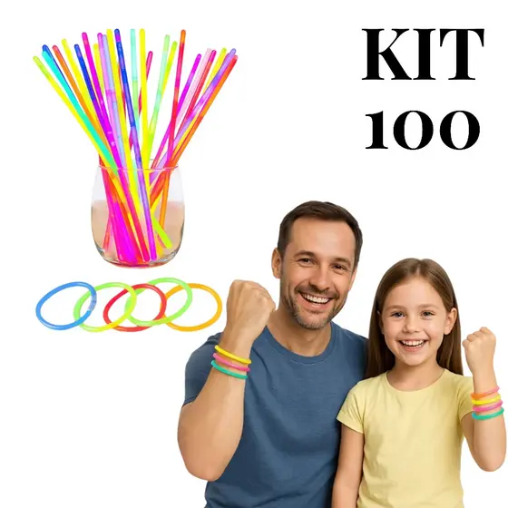 Kit com 100 Pulseiras Neon Alto Brilho Fluorescente Tubo Diversas Cores Brilha no Escuro