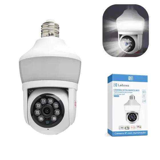 Câmera Lâmpada WiFi Inteligente 2MP 350° PTZ Visão Noturna Colorida App Yoosee para Garagem e Loja