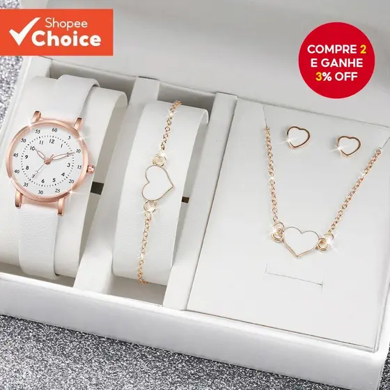 5 Peças De Relógio De Quartzo Feminino Moderno Com Rosto Digital E Pulseira De Couro + Conjunto De Acessórios De Coração