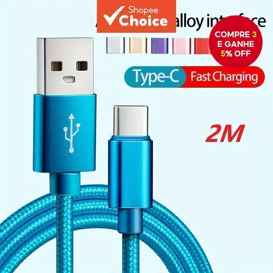Cabo USB Tipo C 2M Carregamento Rápido para Samsung, Redmi e OnePlus, Transferência de Dados Alta Velocidade