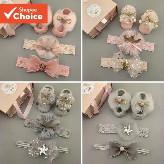 Conjunto De Faixa E Meias Com Laço De Renda Para Bebês Meninas , Acessórios Florais De 3 Peças Cabelo