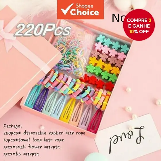 Novo Conjunto com 220 Pças de Prendedores de Cabelo em Cores de Doces e Elásticos para Penteado em Rabo de Cavalo para